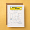 An honest and unique parenthood greeting card and new baby greeting card that reads "Where's Mommy? Mom - and only mom- is capable of getting the snack." with a map of everywhere the child will go (while walking past dad 100 hundred times) to find Mommy.
